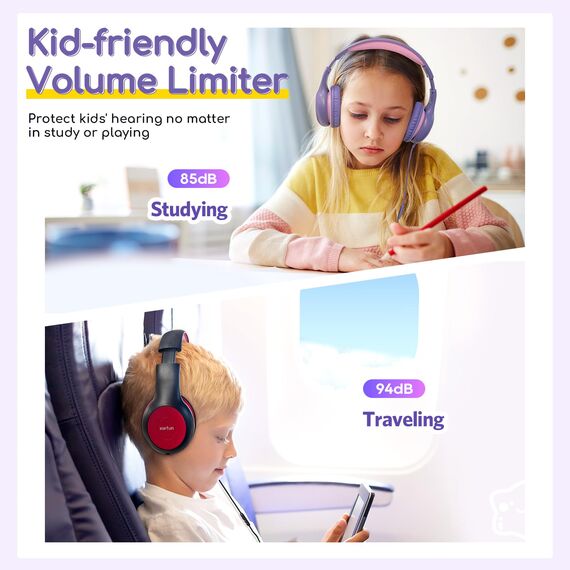 EarFun Kinder Kopfhörer, Kopfhörer Kinder mit Kabel, 85/94dB Lautstärkenbegrenzer, faltbar, verstellbar, Stereo Sound, HD-Mikrofon, Audio-Sharing, Over-Ear Kinderkopfhörer für Schule/Tablet/Reisen