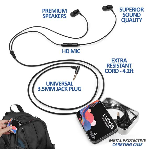 LUDOS OMNITONE Kopfhörer In Ear Kopfhörer mit Kabel und Mikrofon, 5 Jahre Garantie, In Ear Ohrhörer, 3,5 mm Klinkenstecker Earbuds, Satte Bässe Earphones, Headphones für iPhone, iPad, Huawei, Samsung