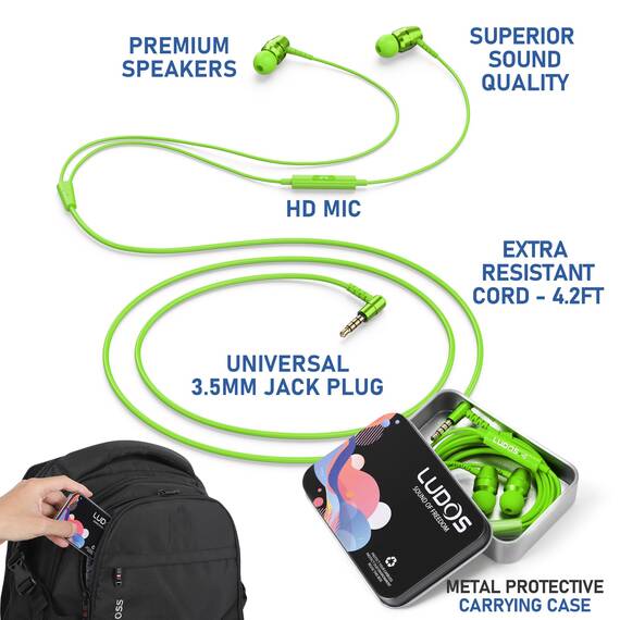 LUDOS OMNITONE Kopfhörer In Ear Kopfhörer mit Kabel und Mikrofon, 5 Jahre Garantie, In Ear Ohrhörer, 3,5 mm Klinkenstecker Earbuds, Satte Bässe Earphones, Headphones für iPhone, iPad, Samsung - Grün