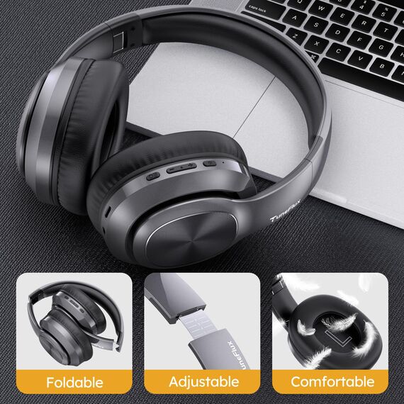 TuneFlux Bluetooth Kopfhörer Over Ear, 80 Std Akkulaufzeit, Kabellos Bluetooth Kopfhörer mit 3 EQ-Modi, HiFi-Stereo, Eingebautes Mikrofon, Faltbares Wireless Kopfhörer (Metallic)