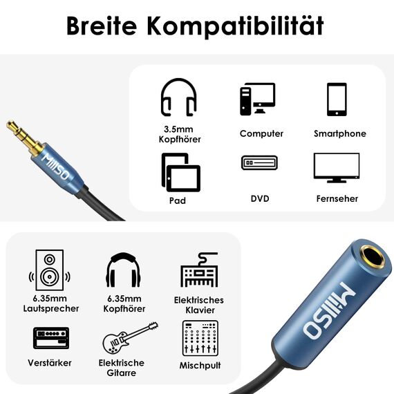 MillSO Klinke Adapter 3,5mm Klinkenstecker auf 6,35mm Klinken Buchse TRS 1/4 zu 1/8 Stereo Audio Aux Adapter Kabel mit 24K Vergoldete Kontakte für Kopfhörer, Lautsprecher und Klavier - 30cm