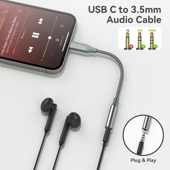 USB-C-auf-Aux-Audio-Dongle-Kabel, Typ C auf 3,5-mm-Buchse, Kopfhöreranschluss-Adapter für iPhone 16 Pro Max/16 Pro, 15 Pro Max/15 Pro/15 Plus, Samsung Galaxy S23/S22/S21 Ultra, Pixel, iPad Pro