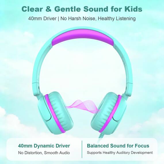 IMYB Kinder kopfhörer, Kopfhörer für Kinder mit Kabel, faltbar, Stereo Sound, Sichere Lautstärkebegrenzung, 3,5 mm Jack, Over Ear Kinderkopfhörer für Schule, Junge, Mädchen, Tablet, PC, Grün