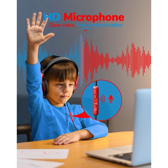awatrue Kinder Kopfhörer, Kinderkopfhörer mit Kabel, Over Ear Kopfhörer Kinder für Schule/Reisen/PC/Tablet, 85/94dB Lautstärkenbegrenzer, Stereo Sound, Faltbare, Audio-Sharing, SchwarzRot
