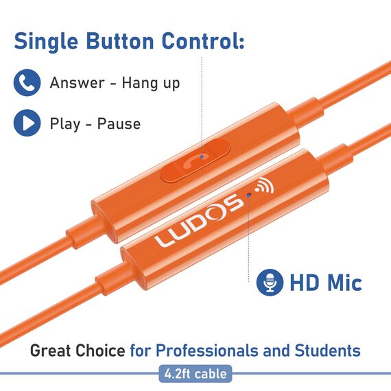 LUDOS Zenith Kopfhörer In Ear Kopfhörer mit Kabel und Mikrofon, 2-Jahre Garantie, In Ear Ohrhörer, 3,5 mm Klinkenstecker Earbuds, Satte Bässe Earphones, Headphones für iPhone, iPad, Samsung - Orange