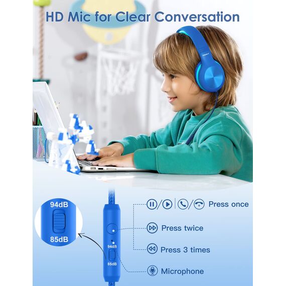 Nabevi Kinder Kopfhörer, Kopfhörer Kinder mit Kabel, 85/94dB Lautstärkegrenze, HD-Ton, Sharing-Funktion, Over-Ear Verstellbare Faltbare Kinderkopfhörer mit Mikrofon für Schule/Reise/PC/iPad, Blau