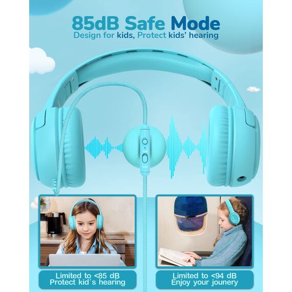 awatrue Kopfhörer Kinder, Kabel Kinderkopfhörer mit Mikrofon, Over Ear kopfhörer Kinder 85/94dB Lautstärkenbegrenzer, Stereo Sound, Faltbare, Einstellbar, Audio-Sharing