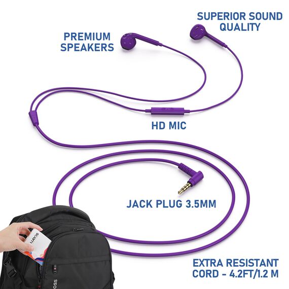 LUDOS Zenith Kopfhörer In Ear Kopfhörer mit Kabel und Mikrofon, 2-Jahre Garantie, In Ear Ohrhörer, 3,5 mm Klinkenstecker Earbuds, Satte Bässe Earphones, Headphones für iPhone, iPad, Samsung - Lila