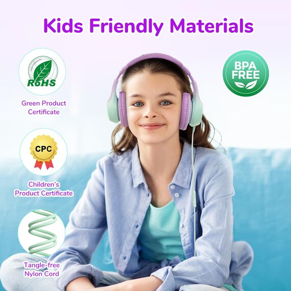 EarFun Kinder Kopfhörer, Over-Ear Kopfhörer für Kinder mit Kabel, 85/94dB Lautstärkenbegrenzer, Faltbar, Einstellbar, Hi-Fi Klang, HD-Mikrofon, Komfortables Tragen, Kinderkopfhörer für Schule/Tablet