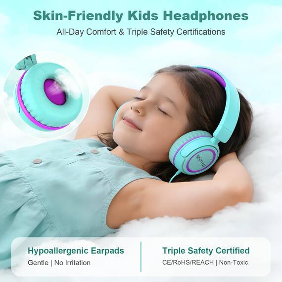 IMYB Kinder kopfhörer, Kopfhörer für Kinder mit Kabel, faltbar, Stereo Sound, Sichere Lautstärkebegrenzung, 3,5 mm Jack, Over Ear Kinderkopfhörer für Schule, Junge, Mädchen, Tablet, PC, Grün