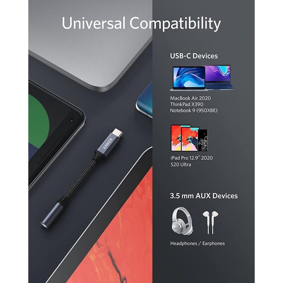 Anker USB-C auf 3.5mm Audio Adapter auf weiblichen Stecker, Nylon Kabel, kompatibel mit Samsung S20/S20+/S20 Ultra, Pixel 4/ + 4XL, und mehr