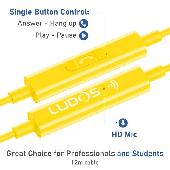 LUDOS OMNITONE Kopfhörer In Ear Kopfhörer mit Kabel und Mikrofon, 5 Jahre Garantie, In Ear Ohrhörer, 3,5 mm Klinkenstecker Earbuds, Satte Bässe Earphones, Headphones für iPhone, iPad - Gelb