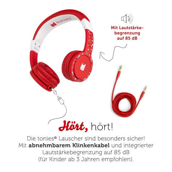 tonies-Lauscher – verstellbare & Faltbare Kinder Kopfhörer mit Lautstärkebegrenzung, Over Ear Kopfhörer mit Kabel und gepolsterten Kopfbügeln, Rot