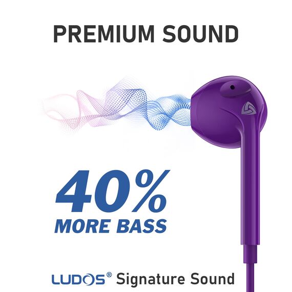 LUDOS Zenith Kopfhörer In Ear Kopfhörer mit Kabel und Mikrofon, 2-Jahre Garantie, In Ear Ohrhörer, 3,5 mm Klinkenstecker Earbuds, Satte Bässe Earphones, Headphones für iPhone, iPad, Samsung - Lila