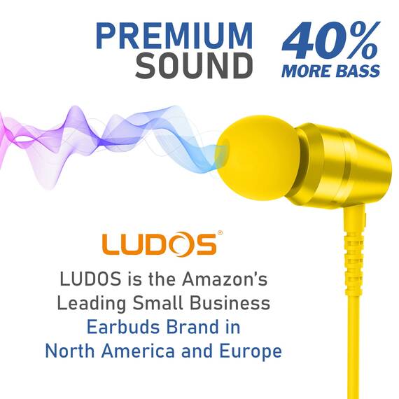 LUDOS OMNITONE Kopfhörer In Ear Kopfhörer mit Kabel und Mikrofon, 5 Jahre Garantie, In Ear Ohrhörer, 3,5 mm Klinkenstecker Earbuds, Satte Bässe Earphones, Headphones für iPhone, iPad - Gelb