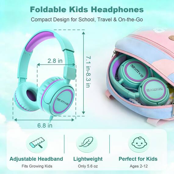 IMYB Kinder kopfhörer, Kopfhörer für Kinder mit Kabel, faltbar, Stereo Sound, Sichere Lautstärkebegrenzung, 3,5 mm Jack, Over Ear Kinderkopfhörer für Schule, Junge, Mädchen, Tablet, PC, Grün
