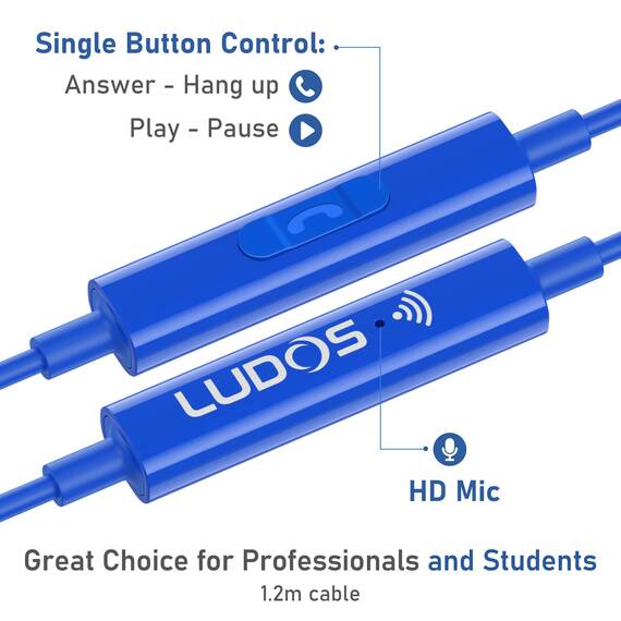 LUDOS OMNITONE Kopfhörer In Ear Kopfhörer mit Kabel und Mikrofon, 5 Jahre Garantie, In Ear Ohrhörer, 3,5 mm Klinkenstecker Earbuds, Satte Bässe Earphones, Headphones für iPhone, iPad, Samsung - Blau