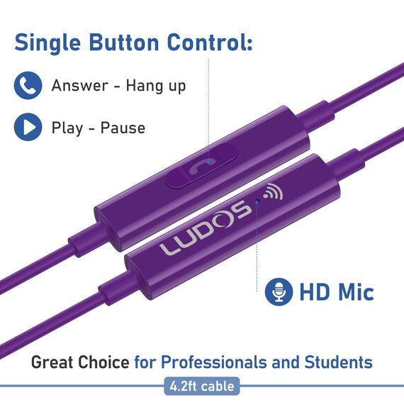 LUDOS Zenith Kopfhörer In Ear Kopfhörer mit Kabel und Mikrofon, 2-Jahre Garantie, In Ear Ohrhörer, 3,5 mm Klinkenstecker Earbuds, Satte Bässe Earphones, Headphones für iPhone, iPad, Samsung - Lila