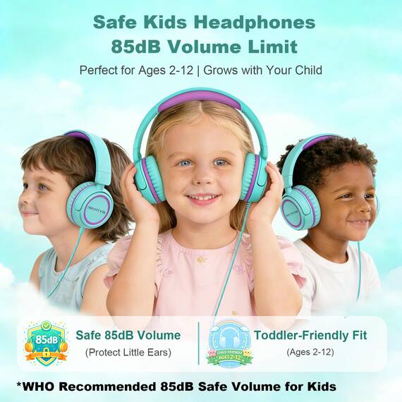 IMYB Kinder kopfhörer, Kopfhörer für Kinder mit Kabel, faltbar, Stereo Sound, Sichere Lautstärkebegrenzung, 3,5 mm Jack, Over Ear Kinderkopfhörer für Schule, Junge, Mädchen, Tablet, PC, Grün
