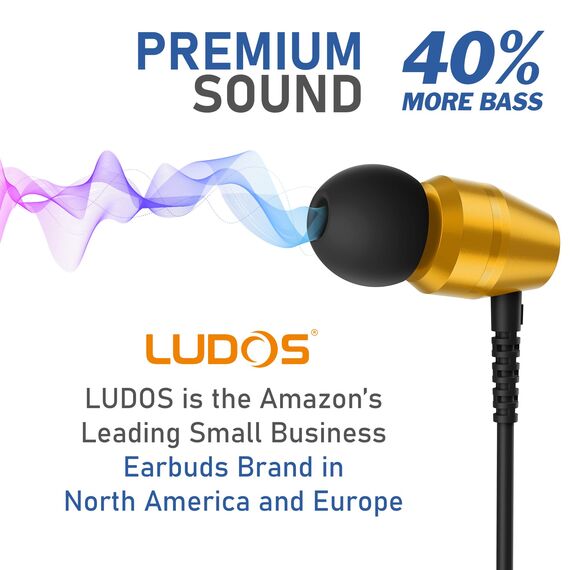 LUDOS OMNITONE Kopfhörer In Ear Kopfhörer mit Kabel und Mikrofon, 5 Jahre Garantie, In Ear Ohrhörer, 3,5 mm Klinkenstecker Earbuds, Satte Bässe Earphones, Headphones für iPhone, iPad, Samsung - Gold