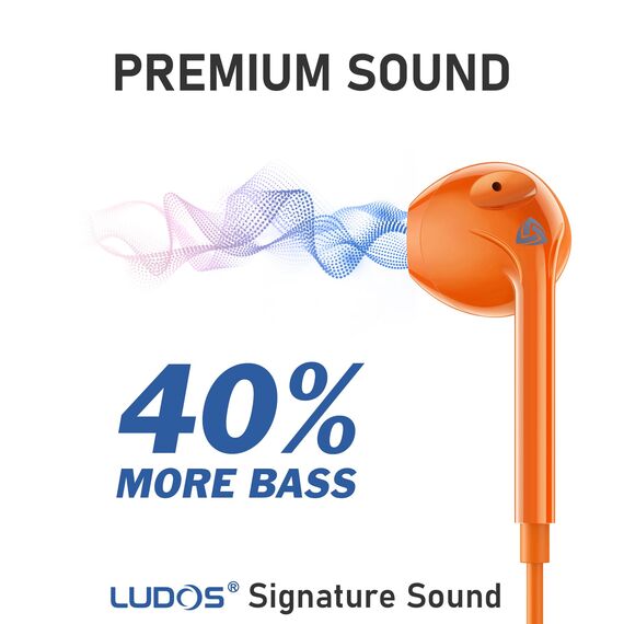 LUDOS Zenith Kopfhörer In Ear Kopfhörer mit Kabel und Mikrofon, 2-Jahre Garantie, In Ear Ohrhörer, 3,5 mm Klinkenstecker Earbuds, Satte Bässe Earphones, Headphones für iPhone, iPad, Samsung - Orange