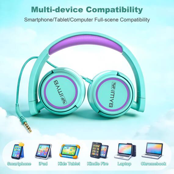 IMYB Kinder kopfhörer, Kopfhörer für Kinder mit Kabel, faltbar, Stereo Sound, Sichere Lautstärkebegrenzung, 3,5 mm Jack, Over Ear Kinderkopfhörer für Schule, Junge, Mädchen, Tablet, PC, Grün