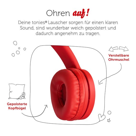 tonies-Lauscher – verstellbare & Faltbare Kinder Kopfhörer mit Lautstärkebegrenzung, Over Ear Kopfhörer mit Kabel und gepolsterten Kopfbügeln, Rot