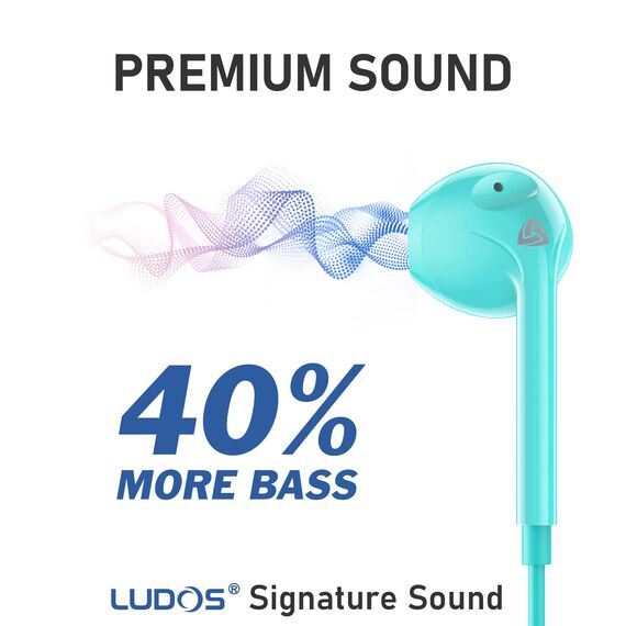 LUDOS Zenith Kopfhörer In Ear Kopfhörer mit Kabel und Mikrofon, 2-Jahre Garantie, In Ear Ohrhörer, 3,5 mm Klinkenstecker Earbuds, Satte Bässe Earphones, Headphones für iPhone, iPad, Samsung - Türkis