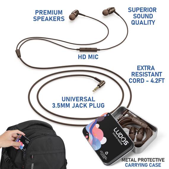 LUDOS OMNITONE Kopfhörer In Ear Kopfhörer mit Kabel und Mikrofon, 5 Jahre Garantie, In Ear Ohrhörer, 3,5 mm Klinkenstecker Earbuds, Satte Bässe Earphones, Headphones für iPhone, iPad - Braun