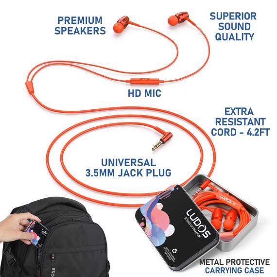 LUDOS OMNITONE Kopfhörer In Ear Kopfhörer mit Kabel und Mikrofon, 5 Jahre Garantie, In Ear Ohrhörer, 3,5 mm Klinkenstecker Earbuds, Satte Bässe Earphones, Headphones für iPhone, iPad - Koralle