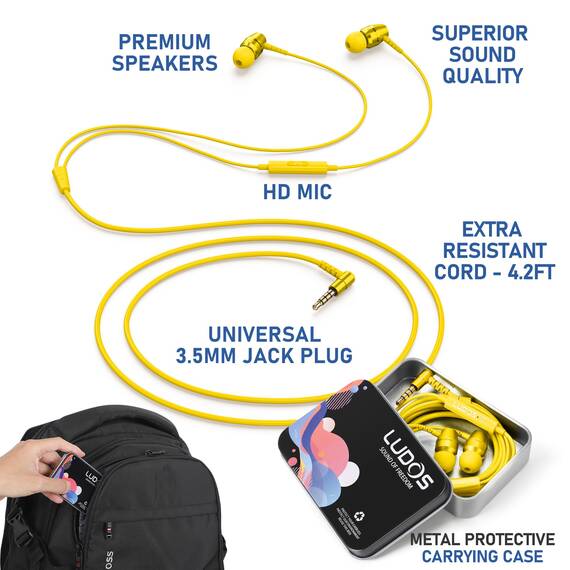 LUDOS OMNITONE Kopfhörer In Ear Kopfhörer mit Kabel und Mikrofon, 5 Jahre Garantie, In Ear Ohrhörer, 3,5 mm Klinkenstecker Earbuds, Satte Bässe Earphones, Headphones für iPhone, iPad - Gelb