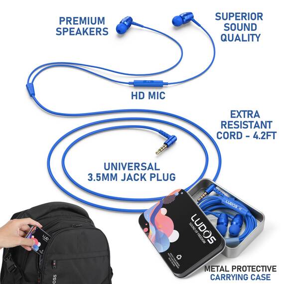 LUDOS OMNITONE Kopfhörer In Ear Kopfhörer mit Kabel und Mikrofon, 5 Jahre Garantie, In Ear Ohrhörer, 3,5 mm Klinkenstecker Earbuds, Satte Bässe Earphones, Headphones für iPhone, iPad, Samsung - Blau
