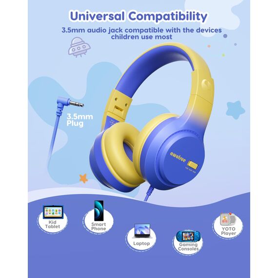awatrue Kinder Kopfhörer, 74/85/94dB Sichere Lautstärke Kopfhörer Kinder mit Kabel, Stereo Sound, Faltbare, 3.5 mm Jack Over Ear Kinderkopfhörer für Ipad, Tablets, Schule, Reisen (Blau Gelb)