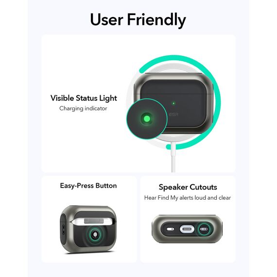 ESR für Airpods Pro 2 Hülle (2023/2022/2019), kompatibel mit AirPods Pro 2./1. Generation, MagSafe Ready, Magnetischer Deckel, USB-C/Lightning Kabel, Hybrid Sturzschutz, Titan