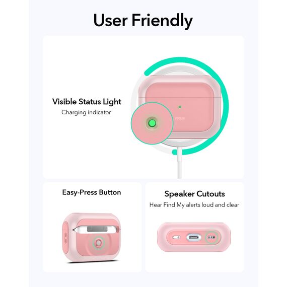 ESR für Airpods Pro 2 Hülle (2023/2022/2019), kompatibel mit AirPods Pro 2./1. Generation, MagSafe Ready, Magnetischer Deckel, USB-C/Lightning Kabel, Hybrid Sturzschutz, Rosa