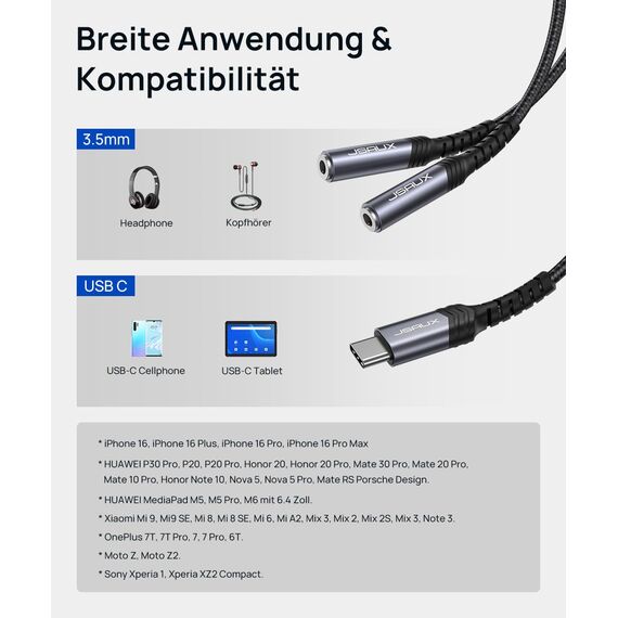 JSAUX USB C Klinke Kopfhörer Splitter Aux Adapter [28CM] USB C auf Dual 3.5mm Klinke Splitter Audio Y Kabel Kompatibel mit iPhone 16/15 Pro Max Plus, Huawei P40, Galaxy S24 S23 S22 Ultra, Pixel-Grau