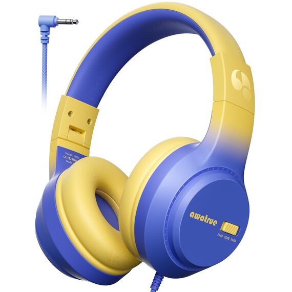 awatrue Kinder Kopfhörer, 74/85/94dB Sichere Lautstärke Kopfhörer Kinder mit Kabel, Stereo Sound, Faltbare, 3.5 mm Jack Over Ear Kinderkopfhörer für Ipad, Tablets, Schule, Reisen (Blau Gelb)