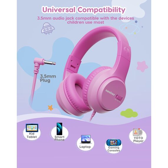 awatrue Kinder Kopfhörer, 74/85/94dB Sichere Lautstärke Kopfhörer Kinder mit Kabel, Stereo Sound, Faltbare, 3.5 mm Jack Over Ear Kinderkopfhörer für Ipad, Tablets, Schule, Reisen (Rosa)