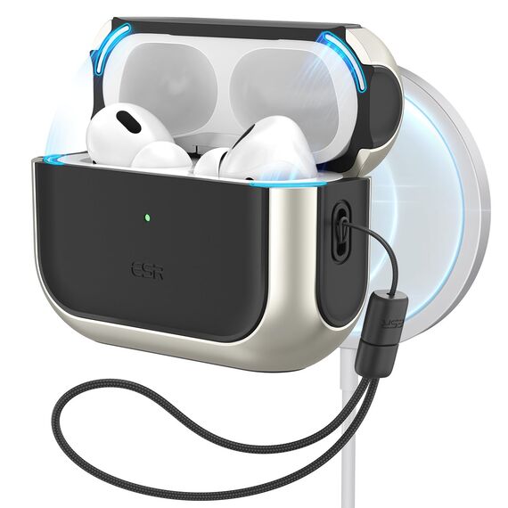 ESR für Airpods Pro 2 Hülle (2023/2022/2019), kompatibel mit AirPods Pro 2./1. Generation, MagSafe Ready, Magnetischer Deckel, USB-C/Lightning Kabel, Hybrid Sturzschutz, Titan