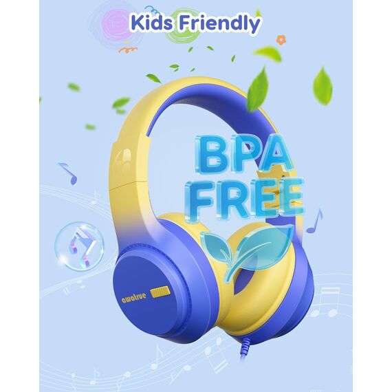 awatrue Kinder Kopfhörer, 74/85/94dB Sichere Lautstärke Kopfhörer Kinder mit Kabel, Stereo Sound, Faltbare, 3.5 mm Jack Over Ear Kinderkopfhörer für Ipad, Tablets, Schule, Reisen (Blau Gelb)