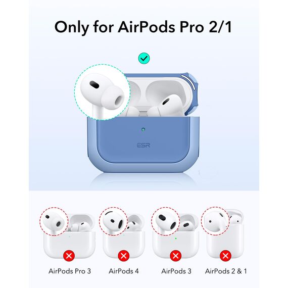 ESR für Airpods Pro 2 Hülle (2023/2022/2019), kompatibel mit AirPods Pro 2./1. Generation, MagSafe Ready, Magnetischer Deckel, USB-C/Lightning Kabel, Hybrid Sturzschutz, Blau
