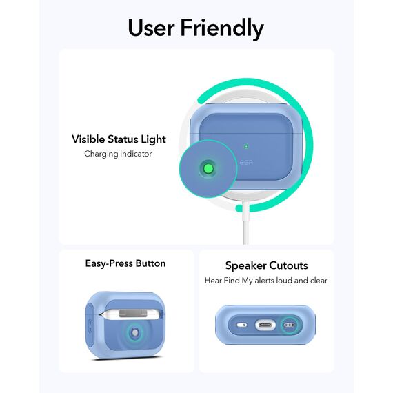 ESR für Airpods Pro 2 Hülle (2023/2022/2019), kompatibel mit AirPods Pro 2./1. Generation, MagSafe Ready, Magnetischer Deckel, USB-C/Lightning Kabel, Hybrid Sturzschutz, Blau