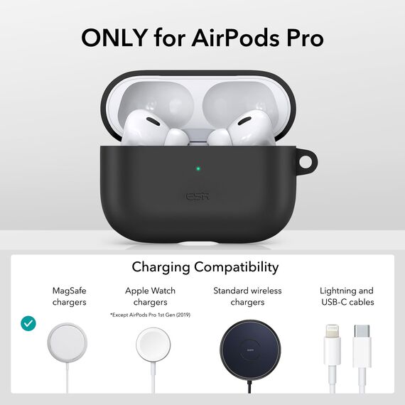 ESR für AirPods Pro 2 Hülle (2023/2022/2019), kompatibel mit AirPods Pro 2./1. Generation (USB-C/Lightning Kabel), unterstützt magnetisches Laden, Sichtbare Statusleuchte, Schwarz