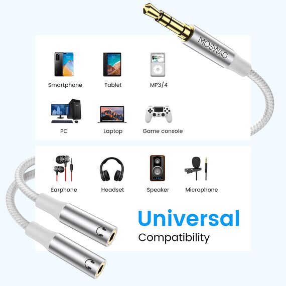 MOSWAG 3,5-mm-Klinken-Splitter-Kopfhörer-Adapter, 1 auf 2 Klinkenstecker, Stereo, Audio, Y-Adapter, für Samsung PS4, Switch, Tablets, PC, Laptop, MP3