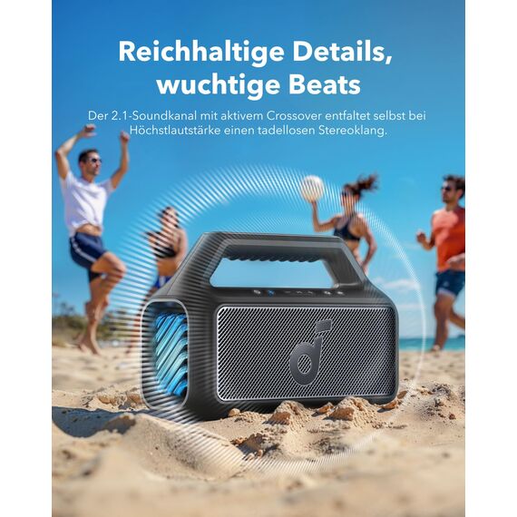 soundcore by Anker, Boom 2 Outdoor-Lautsprecher, 80W, Subwoofer, BassUp 2.0, 24h Akku, IPX7 Wasserdicht & Schwimmt, LED-Licht, USB-C, EQ, BT 5.3, Mobiler Bluetooth-Speaker, Camping, Strand, Garten