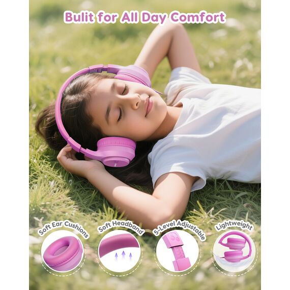 awatrue Kinder Kopfhörer, 74/85/94dB Sichere Lautstärke Kopfhörer Kinder mit Kabel, Stereo Sound, Faltbare, 3.5 mm Jack Over Ear Kinderkopfhörer für Ipad, Tablets, Schule, Reisen (Rosa)