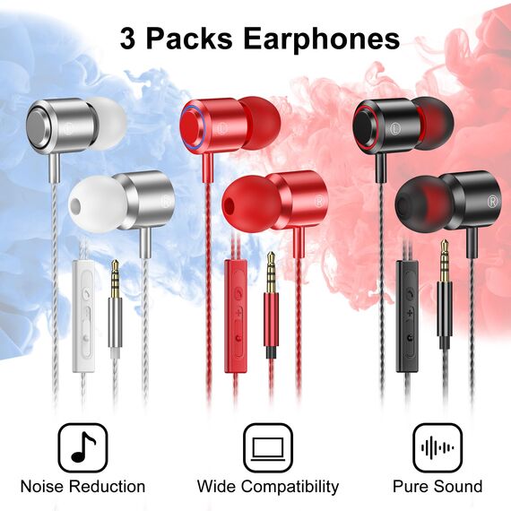 AESIGN In Ear Kopfhörer mit Kabel, 3-er Set mit Mikrofon und Lautstärkeregler, Stereo, Leichte In-Ear Ohrhörer, Kompatibel für Samsung, Tablet, Laptops, MP3 Player und Andere 3,5 mm Geräte