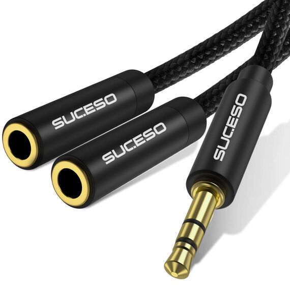 SUCESO Audio Klinke Y Splitter Adapter 3.5mm Stecker auf 2x 3,5mm Buchse Headset Stereo Aux Splitter Kabel Kopfhörer Doppelstecker für Tablet, Laptop, Samsung, Handy, Lautsprecher, PC usw -1m(Schwarz)