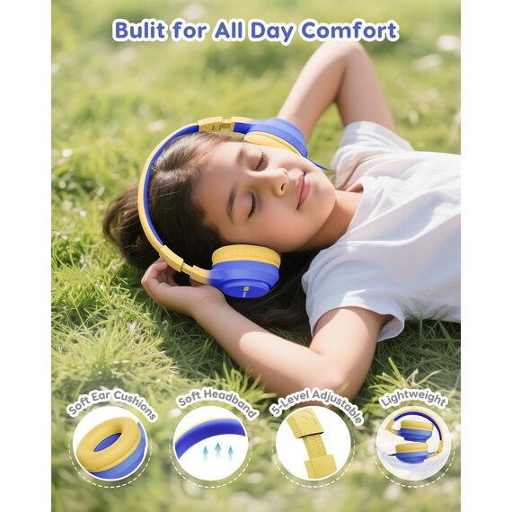 awatrue Kinder Kopfhörer, 74/85/94dB Sichere Lautstärke Kopfhörer Kinder mit Kabel, Stereo Sound, Faltbare, 3.5 mm Jack Over Ear Kinderkopfhörer für Ipad, Tablets, Schule, Reisen (Blau Gelb)