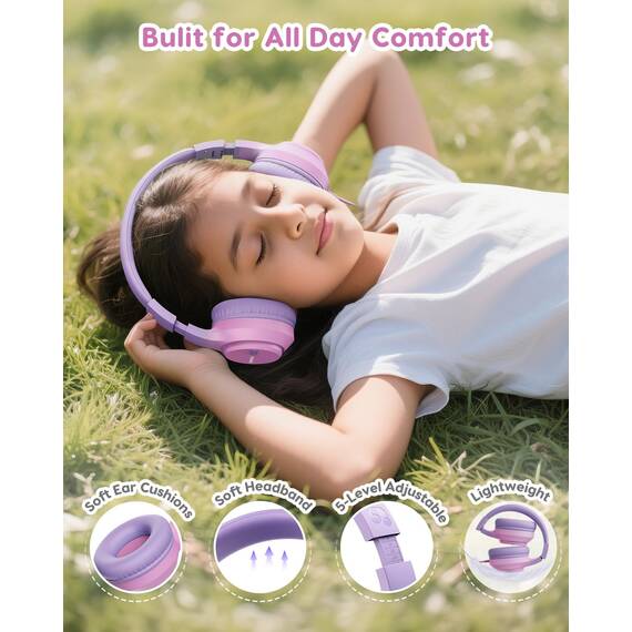 awatrue Kinder Kopfhörer, 74/85/94dB Sichere Lautstärke Kopfhörer Kinder mit Kabel, Stereo Sound, Faltbare, 3.5 mm Jack Over Ear Kinderkopfhörer für Ipad, Tablets, Schule, Reisen (Rosa Violett)